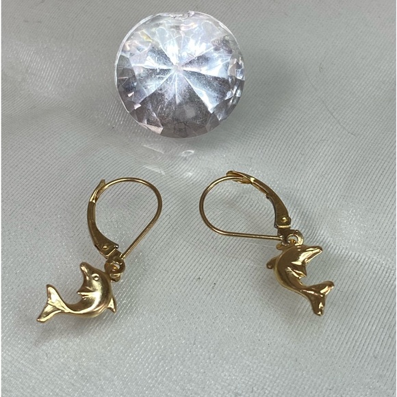 14K YELLOW GOLD dolphin dangle dainty earrings REAL GOLD 1” - Picture 5 of 10